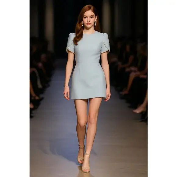 $460 ASHLEY Lauren # 4809 Blue Tweed Bow Cut-out sz 2 Puff Sleeves Day-Dinner - Picture 2 of 3